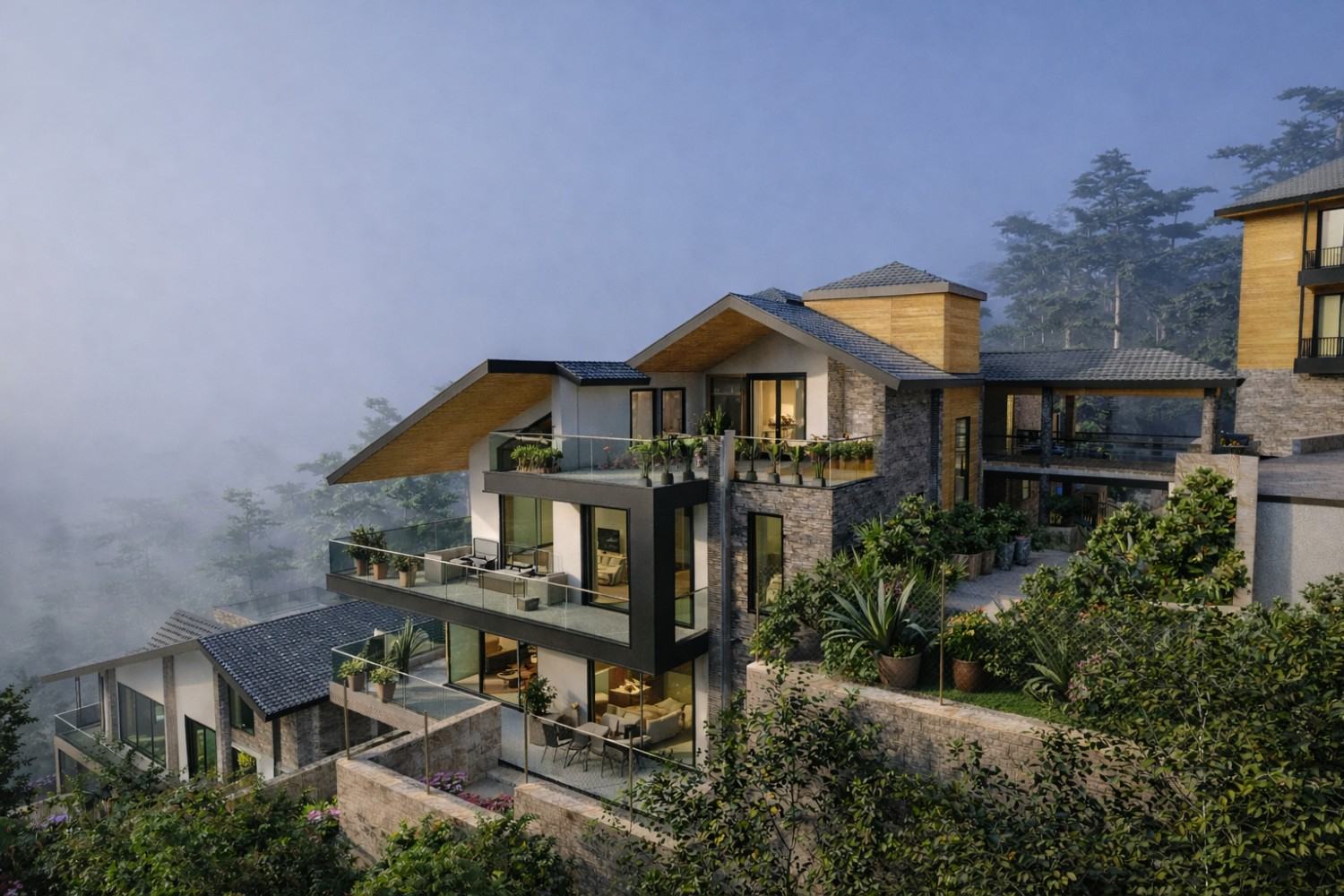 Cedarcourt — a warm concrete and timber villa on the Kasauli ridge, deck and firepit over a valley of low cloud and pine, at dusk.
