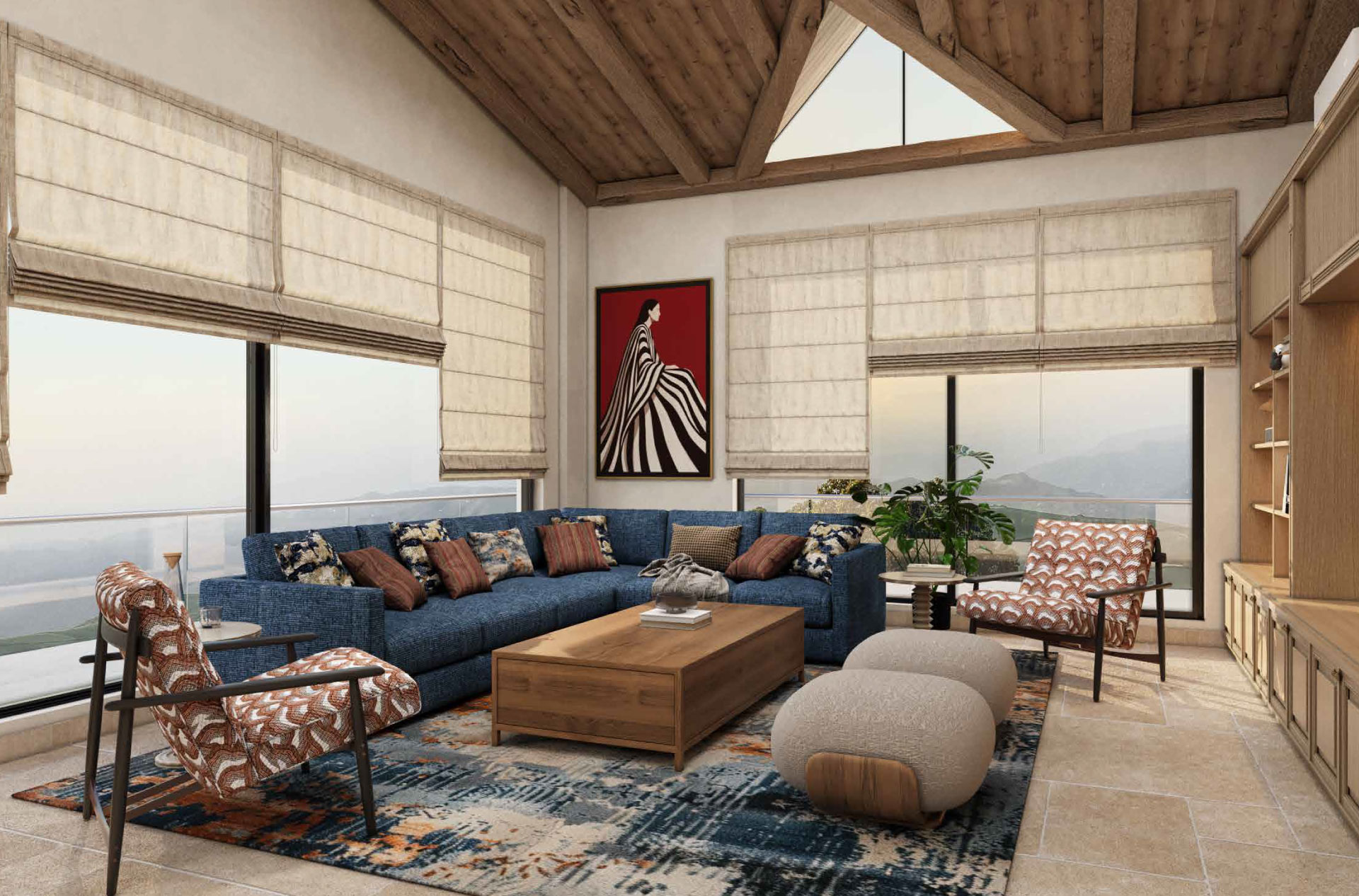 A modern architectural home on a Himalayan cliffside at blue hour, mist in the valley, warm light in floor-to-ceiling windows.
