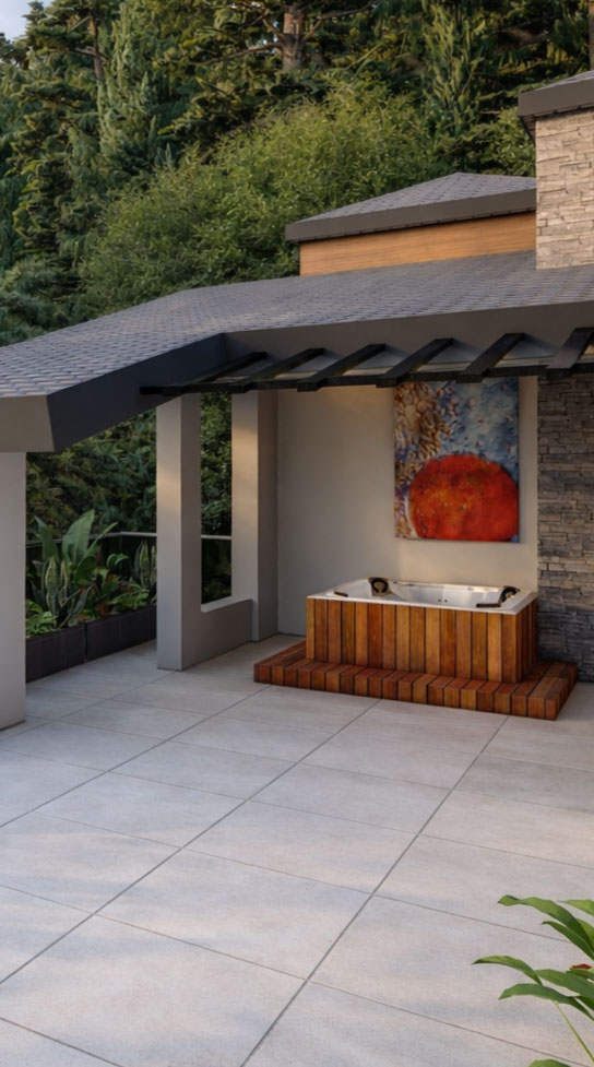 Material context — stone meeting warm timber.